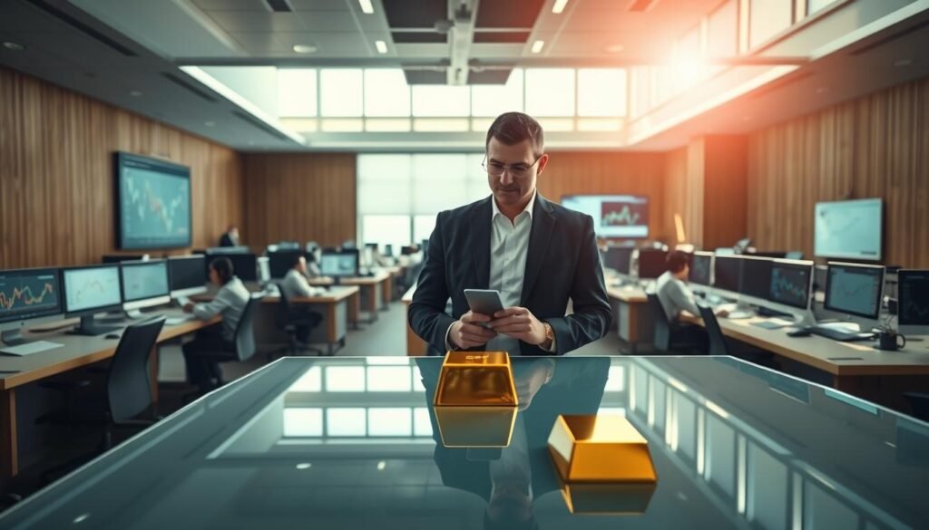 A vast, sunlit financial office, with rows of computer screens and analysts intently studying charts and graphs. In the foreground, a portfolio manager stands at a sleek, glass-topped desk, contemplating a gleaming gold bar - the centerpiece of a rebalanced investment strategy. The muted tones of the wood-paneled walls and subdued lighting create a sense of focused professionalism, while the warm glow of the precious metal suggests the significant impact of the recent gold rally. Narrow-depth-of-field photography emphasizes the portfolio manager's pensive expression, the gold bar's allure, and the supporting cast of financial data in the background. A vast, sunlit financial office, with rows of computer screens and analysts intently studying charts and graphs. In the foreground, a portfolio manager stands at a sleek, glass-topped desk, contemplating a gleaming gold bar - the centerpiece of a rebalanced investment strategy. The muted tones of the wood-paneled walls and subdued lighting create a sense of focused professionalism, while the warm glow of the precious metal suggests the significant impact of the recent gold rally. Narrow-depth-of-field photography emphasizes the portfolio manager's pensive expression, the gold bar's allure, and the supporting cast of financial data in the background.