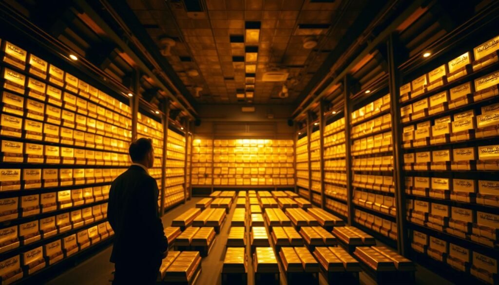 A vast vault, dimly lit with warm, golden hues, holds rows upon rows of gleaming gold bars, each one a symbol of a nation's economic might. In the foreground, a lone figure stands in awe, contemplating the sheer weight and value of the central bank's gold reserves. The scene is captured with a wide-angle lens, emphasizing the scale and grandeur of the vault, while a shallow depth of field focuses the viewer's attention on the gold bars. The atmosphere is one of solemnity and reverence, as if the viewer is privy to a sacred financial ritual, a testament to the enduring allure and importance of gold in the world of central banking. A vast vault, dimly lit with warm, golden hues, holds rows upon rows of gleaming gold bars, each one a symbol of a nation's economic might. In the foreground, a lone figure stands in awe, contemplating the sheer weight and value of the central bank's gold reserves. The scene is captured with a wide-angle lens, emphasizing the scale and grandeur of the vault, while a shallow depth of field focuses the viewer's attention on the gold bars. The atmosphere is one of solemnity and reverence, as if the viewer is privy to a sacred financial ritual, a testament to the enduring allure and importance of gold in the world of central banking.