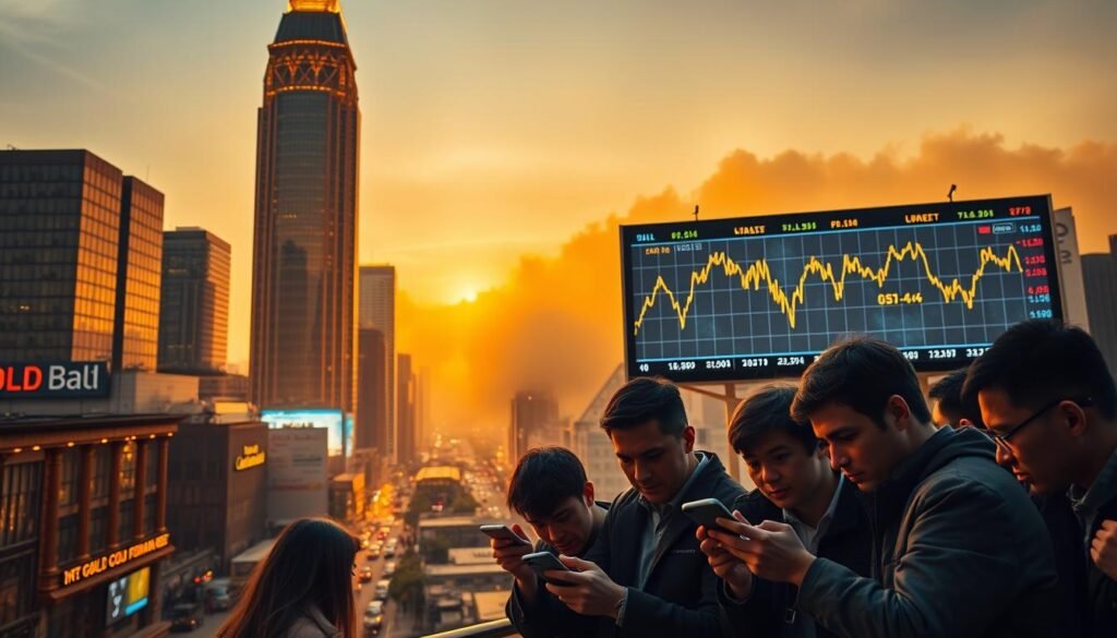 A vibrant cityscape with a golden skyscraper dominating the skyline, casting a warm glow over the bustling streets below. In the foreground, a group of investors huddle around their smartphones, their expressions focused and intense as they closely monitor the latest gold price fluctuations. The middle ground features a large digital display board, flashing the latest gold market data, with sharp upward and downward spikes highlighting the recent volatility. In the background, a hazy mist obscures the distant cityscape, creating a sense of uncertainty and the fleeting nature of market trends. Dramatic lighting and a cinematic angle convey the emotional weight of the moment, capturing the recency bias that often drives gold investment decisions.