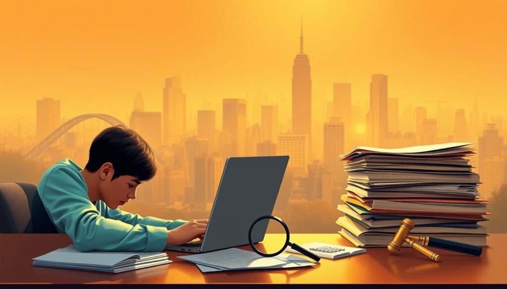 A vibrant digital painting showcasing a range of financial recovery options for victims of gold scams. In the foreground, a person sits at a desk, laptop open, intently researching online resources and contacting authorities. Midground, a stack of files and documents, alongside a magnifying glass and calculator, symbolizing the investigative process. In the background, a hazy cityscape with towering gold-tinted skyscrapers, a metaphor for the complex financial landscape. Warm lighting casts a soft glow, conveying a sense of hope and resolution. The composition is balanced, with clean lines and a cohesive color palette, guiding the viewer's eye through the various elements of the recovery journey.