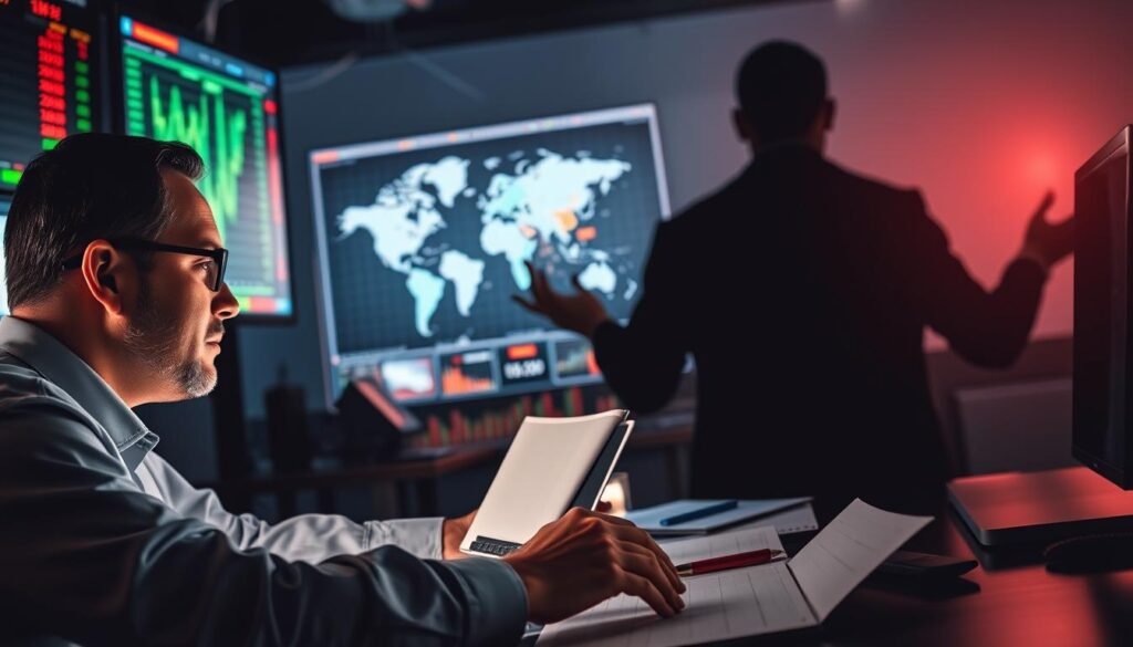 A vibrant, dynamic scene depicting the fundamentals of commodity hedging. In the foreground, a trader closely examines a chart, their face illuminated by the glow of a computer screen. Surrounding them, a flurry of activity - stock tickers, graphs, and financial instruments adorn the desk, creating a sense of the fast-paced world of commodity trading. In the middle ground, a world map with key commodity-producing regions highlighted, symbolizing the global nature of the industry. In the background, a shadowy silhouette of a person with hands outstretched, representing the protection and risk management that commodity hedging provides. Lighting is bold and contrasty, evoking the high-stakes nature of the field. The overall composition conveys the technical expertise, data-driven decision making, and global reach that define the practice of commodity hedging. A vibrant, dynamic scene depicting the fundamentals of commodity hedging. In the foreground, a trader closely examines a chart, their face illuminated by the glow of a computer screen. Surrounding them, a flurry of activity - stock tickers, graphs, and financial instruments adorn the desk, creating a sense of the fast-paced world of commodity trading. In the middle ground, a world map with key commodity-producing regions highlighted, symbolizing the global nature of the industry. In the background, a shadowy silhouette of a person with hands outstretched, representing the protection and risk management that commodity hedging provides. Lighting is bold and contrasty, evoking the high-stakes nature of the field. The overall composition conveys the technical expertise, data-driven decision making, and global reach that define the practice of commodity hedging.