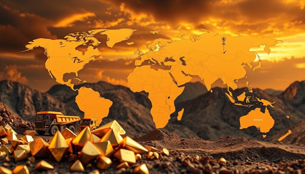 A vibrant global map of gold mining mergers and acquisitions, rendered in a realistic 3D style. The foreground features prominent gold nuggets and mining equipment like excavators and trucks, conveying the active nature of the industry. The middle ground showcases various regions in warm, earthy tones, with arrows and icons denoting the flow of transactions between them. In the background, a dramatic sky with dramatic lighting casts a golden glow, emphasizing the wealth and value of the precious metal. The overall composition captures the dynamic, interconnected nature of the gold mining M&A landscape across the world.