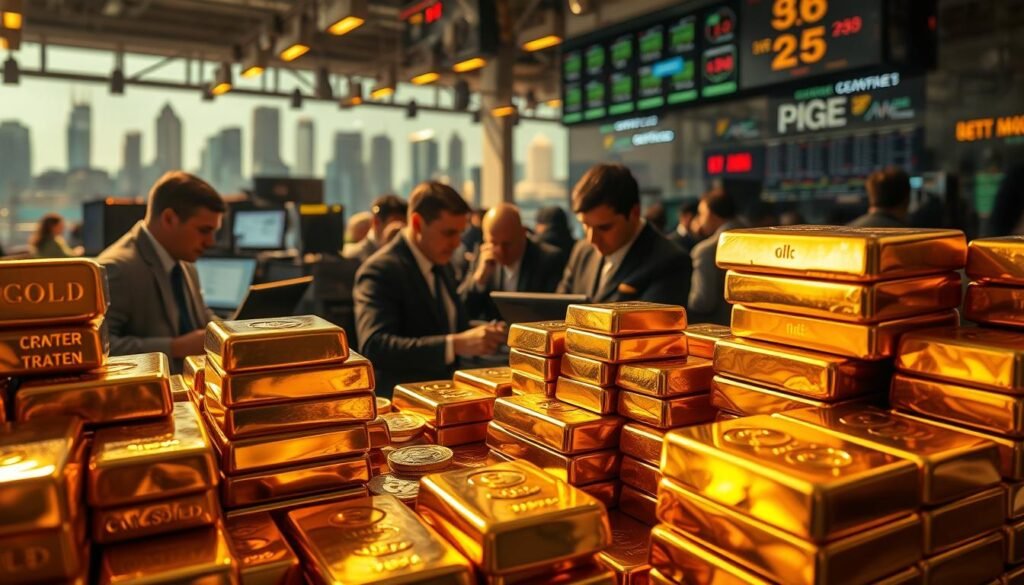 A vibrant gold market filled with dynamic interplay. In the foreground, stacks of gleaming gold ingots and coins shimmer under warm, directional lighting, casting intricate shadows. In the middle ground, traders and analysts pore over data displays, their expressions intense as they navigate the ebb and flow of prices. In the background, a city skyline glimmers, reflecting the markets' influence on the broader economy. The atmosphere is one of precision, authority, and the allure of the precious metal - a testament to gold's enduring appeal as an investment asset.