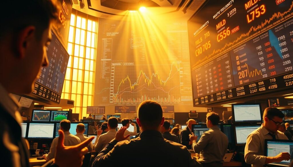 A vibrant gold trading floor, bustling with energy. In the foreground, traders gesture animatedly, their faces illuminated by the warm glow of computer screens. The middle ground depicts a towering graph, its lines tracing the ebb and flow of the gold market. Shafts of light filter through floor-to-ceiling windows, casting a golden hue over the scene. The background is a mosaic of charts, data feeds, and financial instruments, reflecting the complexity and dynamism of the gold market. The overall atmosphere conveys a sense of urgency, precision, and the high-stakes nature of gold trading. A vibrant gold trading floor, bustling with energy. In the foreground, traders gesture animatedly, their faces illuminated by the warm glow of computer screens. The middle ground depicts a towering graph, its lines tracing the ebb and flow of the gold market. Shafts of light filter through floor-to-ceiling windows, casting a golden hue over the scene. The background is a mosaic of charts, data feeds, and financial instruments, reflecting the complexity and dynamism of the gold market. The overall atmosphere conveys a sense of urgency, precision, and the high-stakes nature of gold trading.
