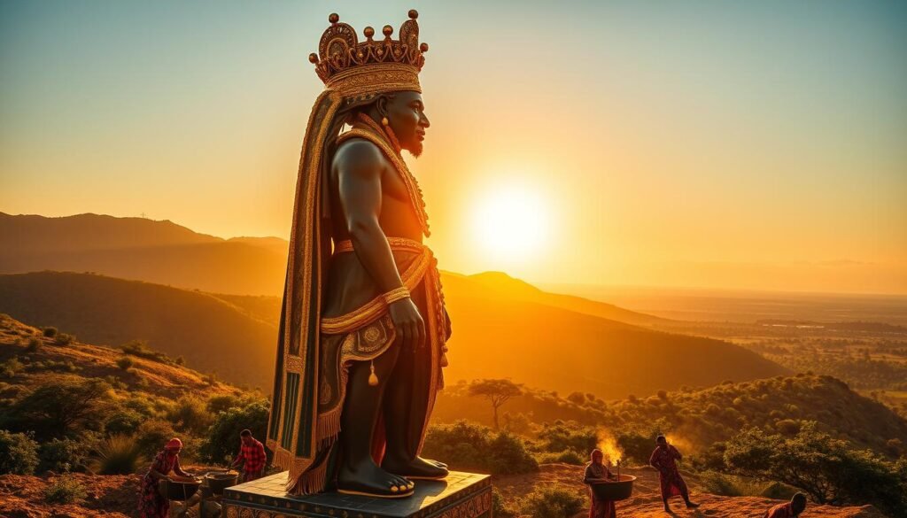 A vibrant, golden sunrise illuminates the rugged African landscape, casting a warm glow over the rolling hills and lush greenery. In the foreground, a magnificent, towering statue of a regal African figure stands proud, adorned in intricate, ornate gold regalia that glimmers in the soft, directional light. In the middle ground, bustling scenes of local miners and artisans skillfully extract and craft the precious metal, their movements captured in a cinematic, documentary-style composition. The background features a panoramic vista of lush, verdant forests and distant, snow-capped peaks, symbolizing the boundless potential of the African continent's natural resources. The overall mood is one of a cultural and economic renaissance, a celebration of the region's rich heritage and bright future. A vibrant, golden sunrise illuminates the rugged African landscape, casting a warm glow over the rolling hills and lush greenery. In the foreground, a magnificent, towering statue of a regal African figure stands proud, adorned in intricate, ornate gold regalia that glimmers in the soft, directional light. In the middle ground, bustling scenes of local miners and artisans skillfully extract and craft the precious metal, their movements captured in a cinematic, documentary-style composition. The background features a panoramic vista of lush, verdant forests and distant, snow-capped peaks, symbolizing the boundless potential of the African continent's natural resources. The overall mood is one of a cultural and economic renaissance, a celebration of the region's rich heritage and bright future.