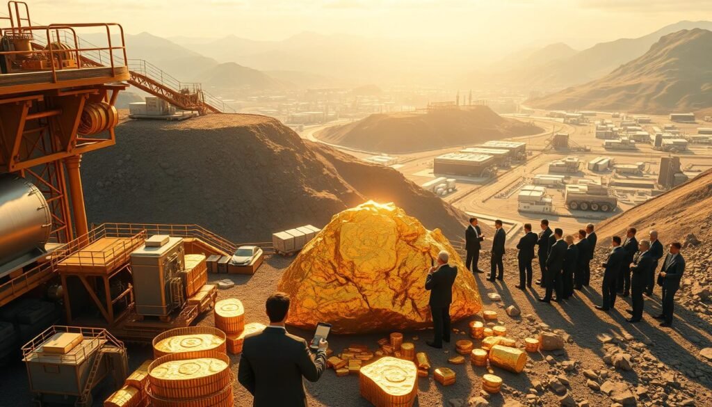 A vibrant, high-resolution 3D render of a bustling gold mining industry market capitalization scene. In the foreground, a massive golden ore deposit glitters under warm, directional lighting, surrounded by state-of-the-art mining equipment and machinery. In the middle ground, a crowd of industry experts, investors, and analysts in business attire discuss charts and graphs, evaluating market trends and growth projections. In the distant background, a sprawling network of gold mines and processing facilities dot the rugged, mountainous landscape, hinting at the scale and economic significance of this vital industry. A vibrant, high-resolution 3D render of a bustling gold mining industry market capitalization scene. In the foreground, a massive golden ore deposit glitters under warm, directional lighting, surrounded by state-of-the-art mining equipment and machinery. In the middle ground, a crowd of industry experts, investors, and analysts in business attire discuss charts and graphs, evaluating market trends and growth projections. In the distant background, a sprawling network of gold mines and processing facilities dot the rugged, mountainous landscape, hinting at the scale and economic significance of this vital industry.