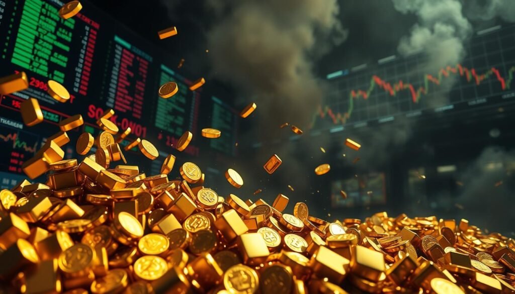 A volatile gold market, with its mercurial price fluctuations, is captured in a dynamic, high-contrast scene. In the foreground, golden ingots and coins cascade and collide, their surfaces gleaming under the harsh, directional lighting. In the middle ground, a tangle of stock tickers and financial charts flicker and pulse, conveying the frenetic energy of the trading floor. The background is shrouded in an ominous, smoky haze, suggesting an underlying sense of uncertainty and risk. The overall composition evokes a sense of unease and unpredictability, mirroring the nature of the gold market's volatility. A volatile gold market, with its mercurial price fluctuations, is captured in a dynamic, high-contrast scene. In the foreground, golden ingots and coins cascade and collide, their surfaces gleaming under the harsh, directional lighting. In the middle ground, a tangle of stock tickers and financial charts flicker and pulse, conveying the frenetic energy of the trading floor. The background is shrouded in an ominous, smoky haze, suggesting an underlying sense of uncertainty and risk. The overall composition evokes a sense of unease and unpredictability, mirroring the nature of the gold market's volatility.