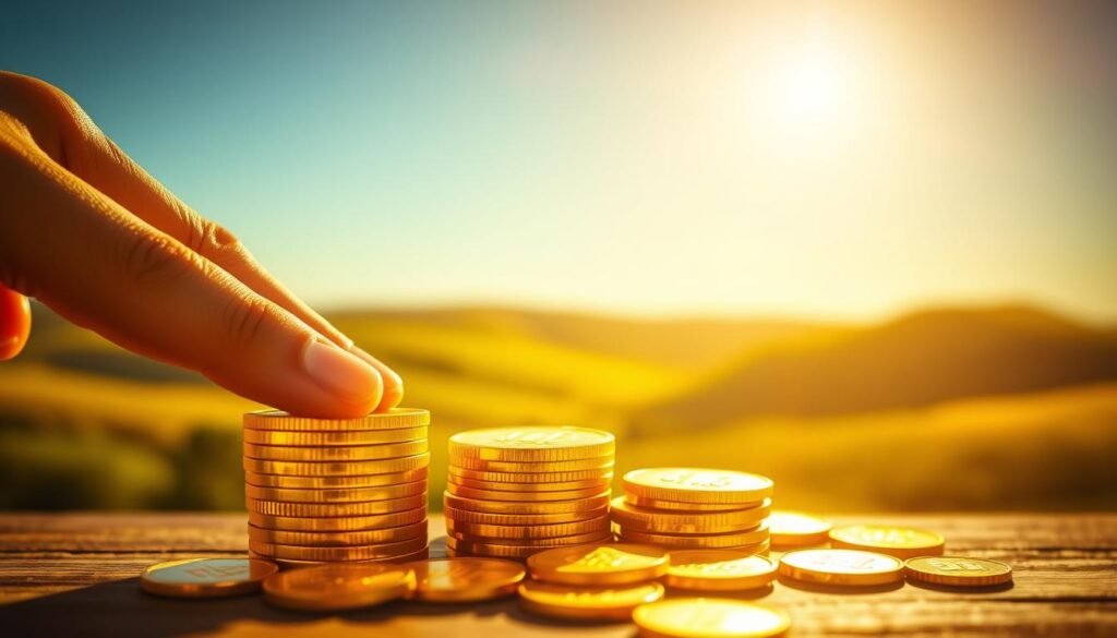 A warm, golden light illuminates a stack of shiny gold coins, their surfaces reflecting the radiance. In the background, a serene landscape of rolling hills and a clear blue sky creates a sense of stability and tranquility. In the foreground, a hand gently caresses the gold, symbolizing the care and consideration that charities must take when investing in this precious metal as a store of value. The overall scene conveys the idea of gold as a reliable, long-term investment for charitable organizations, providing a secure foundation for their mission and impact.