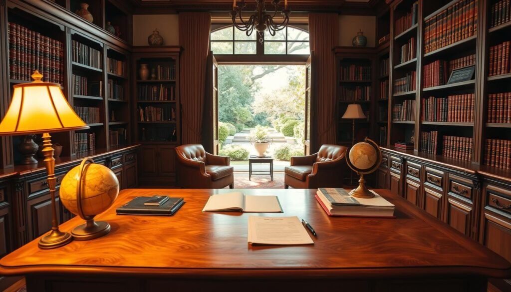 A warm, inviting family office study bathed in soft, golden light. In the foreground, a polished oak desk with detailed inlays and a brass desk lamp casting a cozy glow. On the desk, a vintage globe, a fountain pen, and a stack of financial documents. Framing the scene, mahogany bookshelves filled with leather-bound tomes and accented with decorative vases and statuettes. The middle ground reveals a comfortable leather armchair and a Persian rug underfoot. In the background, floor-to-ceiling windows offer a picturesque view of a tranquil garden, with dappled sunlight streaming through. An atmosphere of sophistication, expertise, and prudent wealth management.
