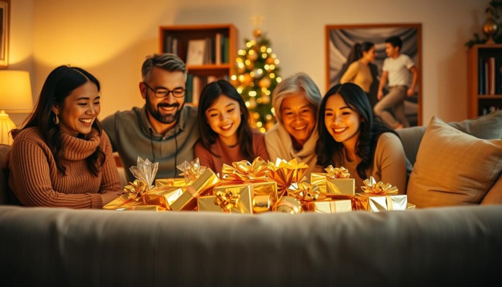 A warm, inviting living room with a family gathered around a gleaming golden centerpiece. Soft, diffused lighting illuminates the scene, creating a cozy, intimate atmosphere. In the foreground, a collection of gold-wrapped gifts of various shapes and sizes, each one a symbol of love and appreciation. The middle ground features the family members, their expressions reflecting joy and wonder as they admire the golden treasures. In the background, a tastefully decorated Christmas tree or a bookshelf, hinting at the family's rich heritage and traditions. The overall composition conveys the deep significance of gold as a timeless, revered gift that brings a family closer together.