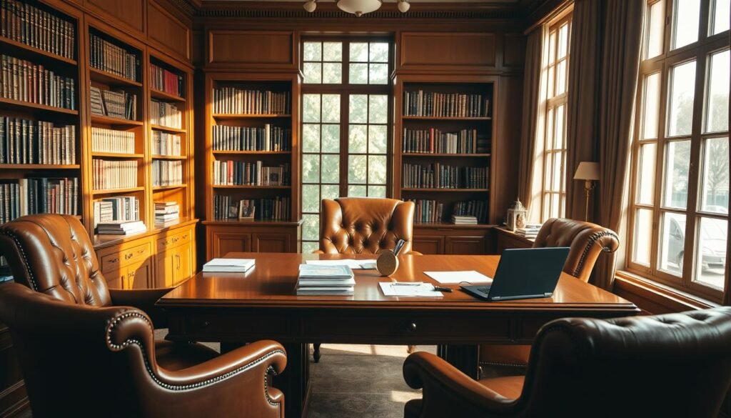 A warm, inviting office setting with a large oak desk and comfortable leather chairs. On the desk, a laptop, a few stacks of papers, and a golden bullion bar or coin, casting a soft glow. Bookshelves line the walls, filled with volumes on finance and economics. Warm, natural lighting filters in through tall windows, creating a sense of expertise and professionalism. The atmosphere conveys a reassuring and trustworthy ambiance, ideal for a consultation on gold allocation strategy.