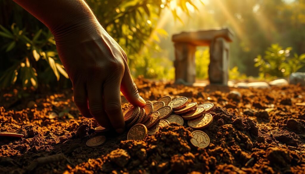 A weathered, gilded hand slowly excavates a cache of gleaming, ancient coins from the rich, earthy soil. Beams of golden sunlight filter through dense foliage, casting a warm, ethereal glow upon the unearthed treasure. In the background, a weathered stone relic stands silent witness to the momentous discovery, hinting at the bygone civilizations that once thrived in this verdant, untamed landscape. The scene evokes a sense of wonder and the timeless allure of gold, capturing the dawn of its emergence as a coveted, precious commodity that would shape the course of human history.