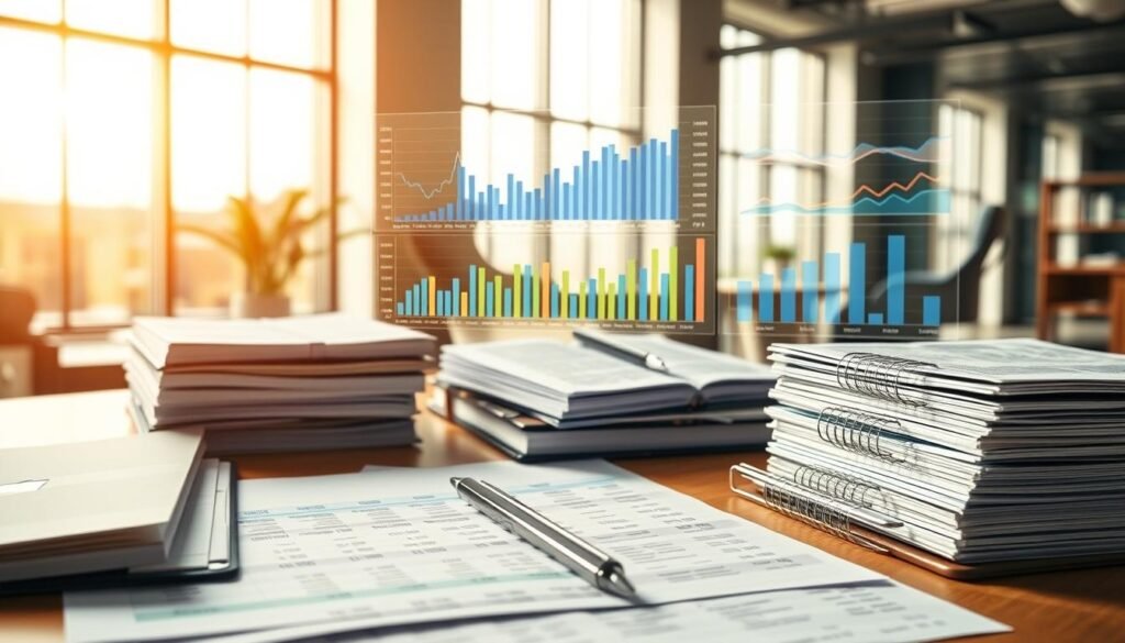 A well-balanced financial statement lays out a diverse portfolio of assets, liabilities, and equity. In the foreground, neatly organized ledgers and account books symbolize the fundamental elements of a balance sheet. In the middle ground, digital charts and graphs depict the flow of capital, investments, and debts. The background features a serene office setting with large windows, letting in warm natural light that casts soft shadows, creating a sense of clarity and order. The overall mood is one of financial stability, transparency, and prudent management of a small business's financial health.