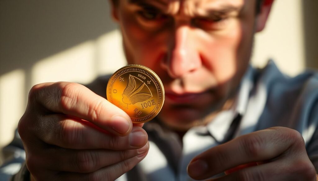 A well-lit, close-up view of a person's hands carefully examining a gold coin or bar. The lighting is warm and natural, casting shadows that highlight the intricate details and texture of the metal. The background is slightly blurred, drawing the viewer's attention to the authentication process. The person's expression is one of focused concentration, their brow furrowed as they scrutinize the precious metal for any signs of authenticity. The scene conveys the importance and attention to detail required for DIY precious metal authentication.