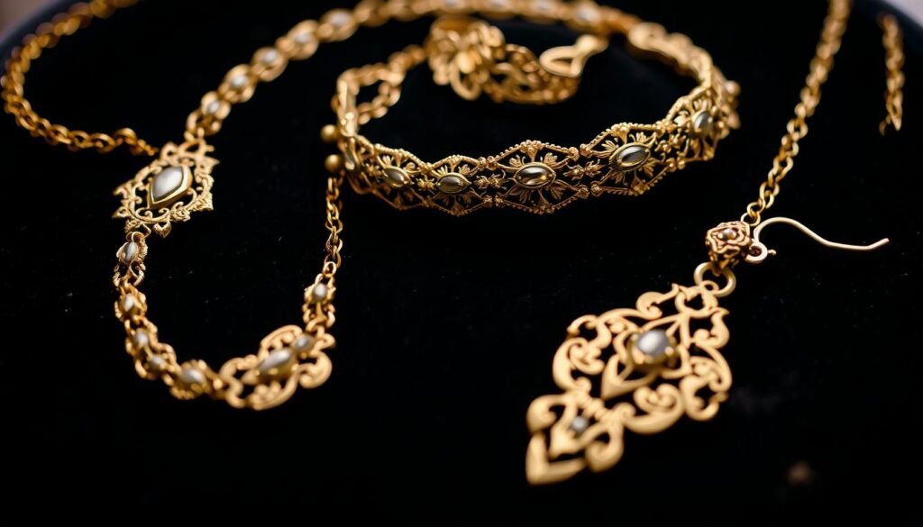 A well-lit closeup of a collection of antique gold jewelry, including a necklace, bracelet, and a pair of earrings, resting on a dark velvet surface. The pieces have an elegant, vintage aesthetic, reflecting their history and perceived financial value as heirlooms. Soft, directional lighting highlights the intricate patterns, textures, and the lustrous sheen of the gold, conveying a sense of luxury and timelessness. The image captures the essence of understanding the true worth of inherited gold jewelry, both monetarily and sentimentally.