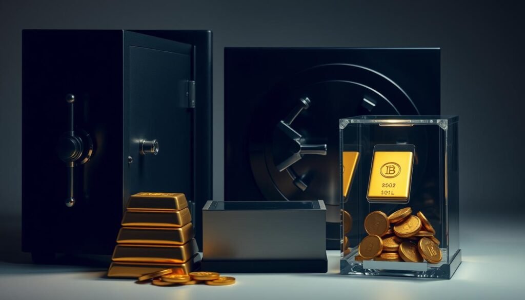 A well-lit, high-contrast close-up photograph of various gold storage methods, including a locked safe, a metal vault, a stack of gold bars, and gold coins in a secure display case. The image has a serious, authoritative tone, with clean lines and a focus on the technical details of each storage solution. The background is a neutral, muted color that emphasizes the gold objects. The lighting is directional, casting shadows that accentuate the textures and shapes of the gold and storage containers. The camera angle is slightly elevated, providing an overview of the different storage options.