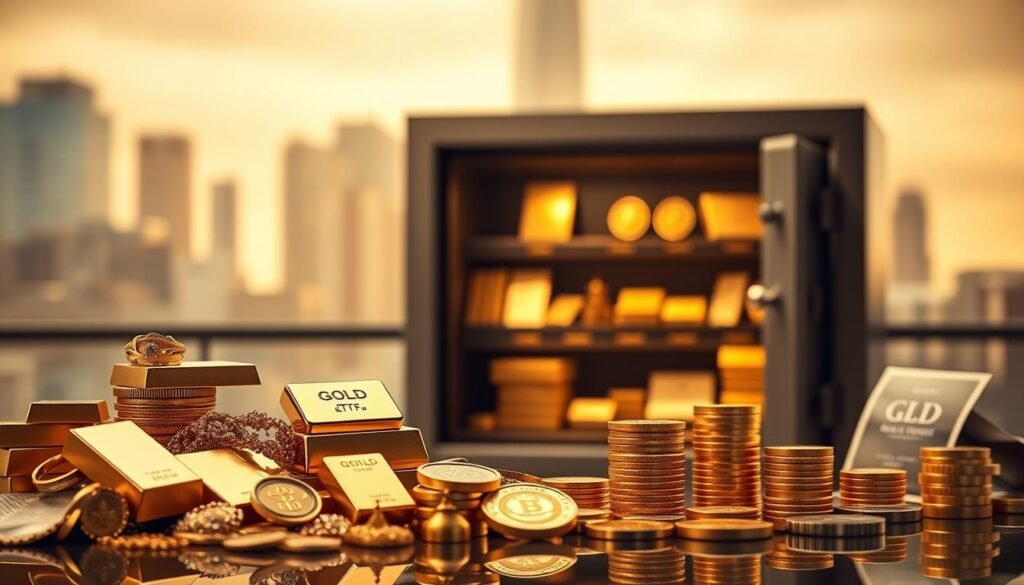 A well-lit, high-resolution image showcasing various forms of gold investment for family offices. In the foreground, a collection of gold bullion bars, coins, and jewelry pieces arranged artistically. In the middle ground, a sleek, modern safe or display case with different gold investment products such as ETFs, mutual funds, and structured notes. The background features a soft, blurred cityscape or financial district, conveying a sense of wealth and prosperity. The lighting is warm and inviting, creating a sense of sophistication and exclusivity. The overall composition emphasizes the diversity and security of gold investment options for discerning family offices.