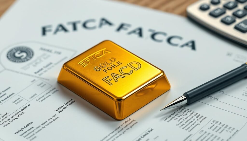 A well-lit, isometric view of a gold bar resting on a desk, surrounded by financial documents, a calculator, and a pen. The gold bar is the focal point, with its gleaming surface casting a warm glow across the scene. The documents, featuring the FATCA logo, represent the regulatory framework governing the reporting of gold investments. The calculator and pen suggest the meticulous calculations required to comply with FATCA regulations. The overall mood is one of precision, attention to detail, and the weight of financial obligations.