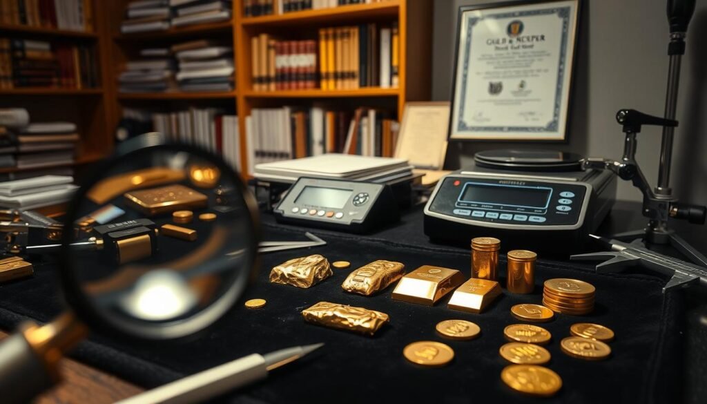 A well-lit, meticulously detailed studio scene of a gold appraisal process. In the foreground, a jeweler's loupe and a series of gold nuggets, bars, and coins arranged neatly on a black velvet cloth. The midground features a professional-grade digital scale, calipers, and other precision instruments used to assess the purity and weight of the precious metal. In the background, a bookshelf filled with reference materials and a framed certificate denoting the appraiser's qualifications. Warm, directional lighting casts subtle shadows, highlighting the luster and texture of the gold samples. The overall atmosphere conveys a sense of expertise, care, and attention to detail befitting the high-stakes world of gold valuation.