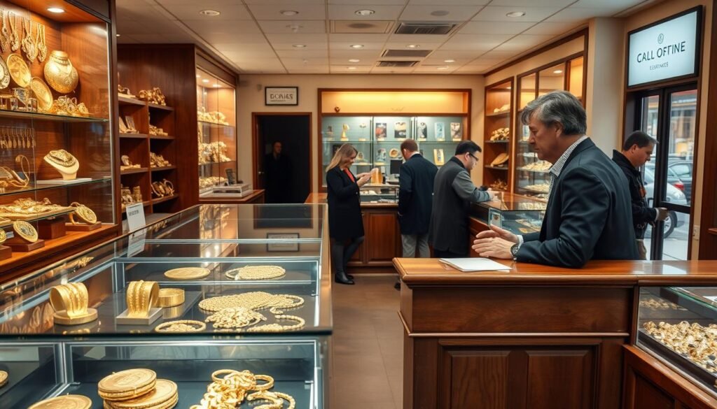 A well-lit, spacious local gold buying shop with a sturdy wooden counter and glass display cases showcasing various gold jewelry and coins. The shop has a warm, inviting atmosphere, with soft lighting illuminating the polished surfaces. In the foreground, a knowledgeable and friendly gold buyer is assisting a customer, discussing the value and authenticity of the items being offered. The middle ground features other customers browsing the shop, examining the gold pieces. The background offers a glimpse of the bustling city street outside, hinting at the convenience and accessibility of this local gold buying option.