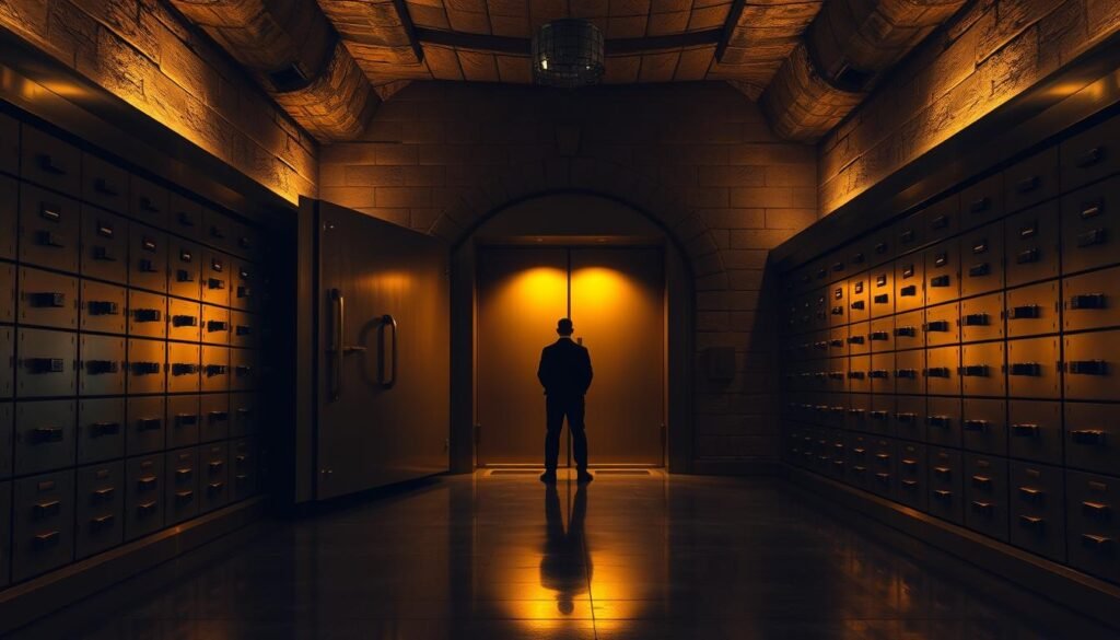 A well-secured gold vault in a dimly lit underground chamber, illuminated by soft, warm lighting from above. Massive iron doors stand guard, their surface reflecting the golden glow. Rows of safety deposit boxes line the walls, their metal exteriors gleaming under the subtle lighting. The atmosphere is one of weighted solidity and impenetrable security, conveying the importance of safeguarding precious assets. A lone security guard stands vigilant, their silhouette casting a long shadow across the polished floor. The overall scene evokes a sense of uncompromising protection for the valuable contents within.