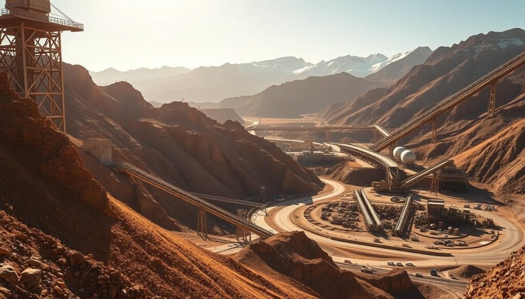 An advanced gold mining site, with towering industrial machinery casting long shadows across the rugged, sun-drenched landscape. In the foreground, a massive excavator methodically scoops up layers of earth, exposing glittering veins of precious ore. In the middle ground, a network of conveyor belts and processing equipment hum with activity, refining the raw materials. In the distant background, snow-capped peaks rise up, creating a dramatic, almost otherworldly backdrop. The scene is bathed in warm, golden light, creating a sense of grandeur and the triumph of human ingenuity over the natural world.