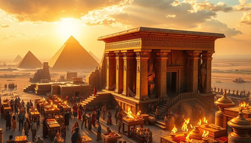 An ancient Egyptian temple bathed in warm, golden light, its intricate hieroglyphics and statues of deities glinting in the soft illumination. In the foreground, a bustling marketplace filled with merchants trading bars of precious metal, vibrant fabrics, and exotic spices, the air thick with the scent of incense. Towering pyramids and the Nile River stretch out in the distance, creating a timeless, majestic backdrop to this scene of a thriving, divinely-inspired economy.