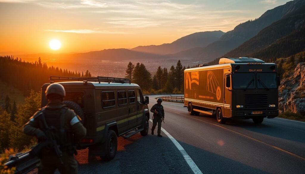 An armored transport vehicle navigates a winding mountain road, its sleek exterior gleaming under the warm sunset light. In the foreground, a team of heavily armed guards accompany the convoy, vigilantly scanning the horizon for any potential threats. The middle ground reveals a lush, verdant landscape dotted with pine trees, creating a sense of tranquility that belies the high-stakes nature of the operation. In the distance, a glimpse of a bustling city skyline hints at the valuable cargo being transported - a shipment of gleaming gold bars destined for the global financial markets. The scene conveys the delicate balance between the tremendous value of international gold transport and the inherent risks involved in safely delivering this precious commodity. An armored transport vehicle navigates a winding mountain road, its sleek exterior gleaming under the warm sunset light. In the foreground, a team of heavily armed guards accompany the convoy, vigilantly scanning the horizon for any potential threats. The middle ground reveals a lush, verdant landscape dotted with pine trees, creating a sense of tranquility that belies the high-stakes nature of the operation. In the distance, a glimpse of a bustling city skyline hints at the valuable cargo being transported - a shipment of gleaming gold bars destined for the global financial markets. The scene conveys the delicate balance between the tremendous value of international gold transport and the inherent risks involved in safely delivering this precious commodity.