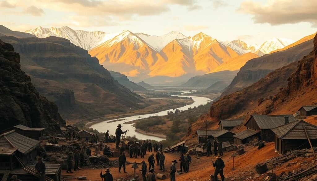 An awe-inspiring depiction of the Australian Gold Rush, set against a rugged and weathered landscape. In the foreground, a bustling mining camp teems with prospectors wielding pickaxes and shovels, their faces etched with determination. The middle ground reveals a winding river, its waters glinting with the promise of hidden riches. Towering mountains rise in the distance, their snow-capped peaks bathed in warm, golden light, casting a sense of grandeur and historical significance over the scene. The atmosphere is one of excitement, adventure, and the relentless pursuit of fortune, capturing the spirit of this pivotal moment in Australia's history.