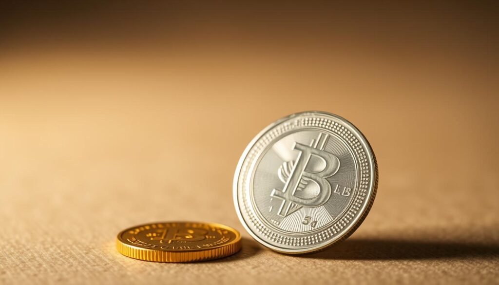 An elegant and minimalist depiction of the gold-silver ratio, captured in a balanced composition. A gleaming gold coin and a shimmering silver coin, positioned in the foreground, symbolize the relationship between the two precious metals. The coins are set against a subtly textured, neutral background, allowing the metals to take center stage. Warm lighting casts a soft, inviting glow, creating an atmosphere of wealth and stability. The angle is slightly elevated, giving the viewer a sense of authority and insight into the dynamics of the gold-silver ratio. The overall effect is one of timeless elegance and financial prowess. An elegant and minimalist depiction of the gold-silver ratio, captured in a balanced composition. A gleaming gold coin and a shimmering silver coin, positioned in the foreground, symbolize the relationship between the two precious metals. The coins are set against a subtly textured, neutral background, allowing the metals to take center stage. Warm lighting casts a soft, inviting glow, creating an atmosphere of wealth and stability. The angle is slightly elevated, giving the viewer a sense of authority and insight into the dynamics of the gold-silver ratio. The overall effect is one of timeless elegance and financial prowess.