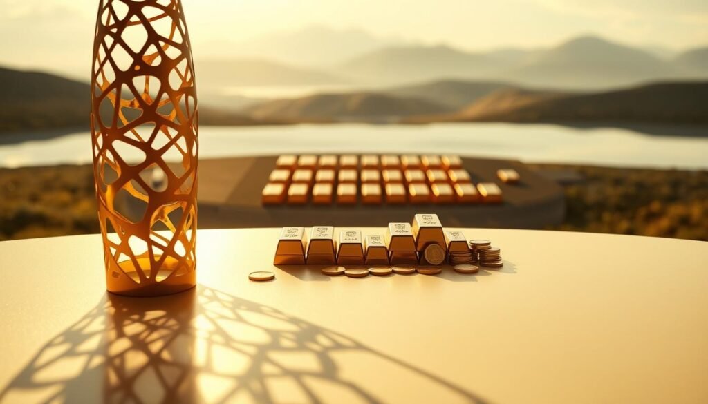 An elegant golden sculpture, illuminated by a warm, soft light, stands in the foreground, casting intricate shadows across a sleek, minimalist surface. In the middle ground, an array of gold bars and coins are meticulously arranged, their gleaming surfaces hinting at the allure and perceived value of precious metals. The background is a serene, abstract landscape, suggesting the complex and often misunderstood nature of gold investing, with its promises of wealth and security, yet also its volatility and vulnerability. The overall composition evokes a sense of grandeur and sophistication, inviting the viewer to consider the deeper implications and misconceptions surrounding this coveted commodity. An elegant golden sculpture, illuminated by a warm, soft light, stands in the foreground, casting intricate shadows across a sleek, minimalist surface. In the middle ground, an array of gold bars and coins are meticulously arranged, their gleaming surfaces hinting at the allure and perceived value of precious metals. The background is a serene, abstract landscape, suggesting the complex and often misunderstood nature of gold investing, with its promises of wealth and security, yet also its volatility and vulnerability. The overall composition evokes a sense of grandeur and sophistication, inviting the viewer to consider the deeper implications and misconceptions surrounding this coveted commodity.