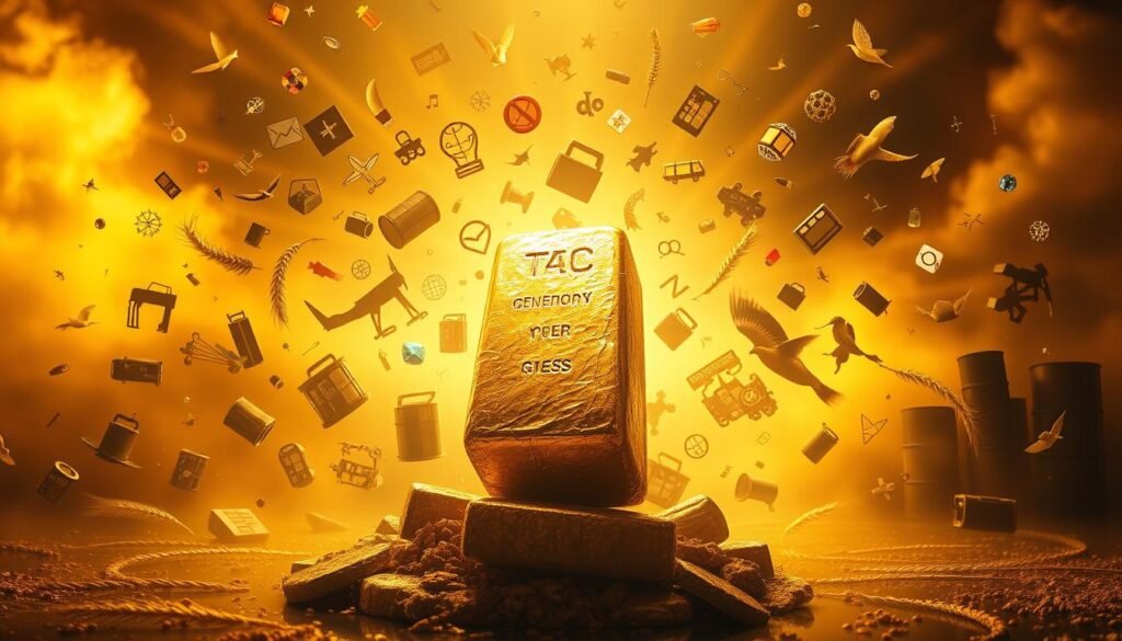 An ethereal landscape of evolving commodity symbols suspended in an awe-inspiring vortex of light and energy. In the foreground, a gleaming golden ingot takes center stage, its surface reflecting the transformative journey of commodities investing. Surrounding it, a swirling array of icons - oil barrels, wheat sheaves, gemstones, and more - dance and intertwine, symbolizing the dynamic and interconnected nature of the commodity markets. The background is shrouded in a hazy, golden glow, creating a sense of timeless, elemental power. Dramatic, cinematic lighting casts dramatic shadows and highlights, adding depth and drama to the scene. The overall composition conveys the complex, ever-changing landscape of commodity investing and its pivotal role in the global economy.