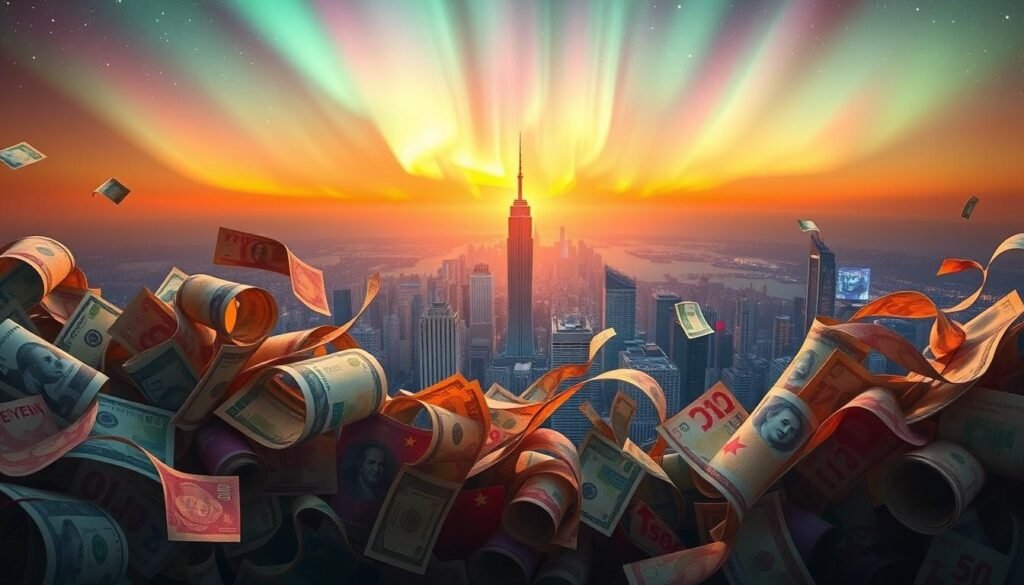 An expansive, dynamic landscape depicting the shifting global currency trends. In the foreground, a kaleidoscopic display of various national currencies - dollar, euro, yen, yuan, and others - swirling and interacting in a fluid, mesmerizing dance. The middle ground features a towering, angular cityscape with skyscrapers and financial hubs, symbolizing the interconnected nature of the global economy. In the background, a vibrant, multi-colored aurora borealis illuminates the sky, hinting at the ever-changing, volatile nature of currency markets. Warm, diffused lighting casts a sense of contemplation and wonder, inviting the viewer to ponder the complex dynamics shaping the future of the international monetary system. An expansive, dynamic landscape depicting the shifting global currency trends. In the foreground, a kaleidoscopic display of various national currencies - dollar, euro, yen, yuan, and others - swirling and interacting in a fluid, mesmerizing dance. The middle ground features a towering, angular cityscape with skyscrapers and financial hubs, symbolizing the interconnected nature of the global economy. In the background, a vibrant, multi-colored aurora borealis illuminates the sky, hinting at the ever-changing, volatile nature of currency markets. Warm, diffused lighting casts a sense of contemplation and wonder, inviting the viewer to ponder the complex dynamics shaping the future of the international monetary system.