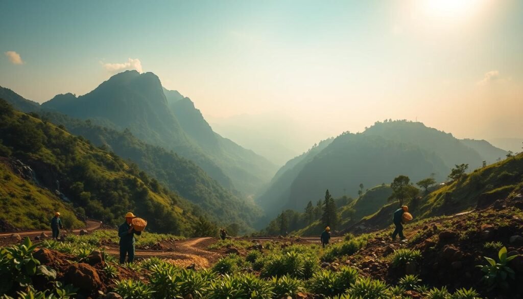 An expansive landscape showcasing the sustainable gold mining process, bathed in a warm, golden glow. In the foreground, skilled miners carefully extract glittering nuggets from lush, verdant soil, utilizing eco-friendly techniques that minimize environmental impact. Towering mountains rise in the middle ground, their slopes dotted with verdant forests and cascading waterfalls. The background is filled with a hazy, sun-dappled sky, creating a serene, almost ethereal atmosphere. The scene conveys a harmonious balance between nature and industry, capturing the essence of "green gold" - a sustainable, responsible approach to resource extraction. An expansive landscape showcasing the sustainable gold mining process, bathed in a warm, golden glow. In the foreground, skilled miners carefully extract glittering nuggets from lush, verdant soil, utilizing eco-friendly techniques that minimize environmental impact. Towering mountains rise in the middle ground, their slopes dotted with verdant forests and cascading waterfalls. The background is filled with a hazy, sun-dappled sky, creating a serene, almost ethereal atmosphere. The scene conveys a harmonious balance between nature and industry, capturing the essence of "green gold" - a sustainable, responsible approach to resource extraction.
