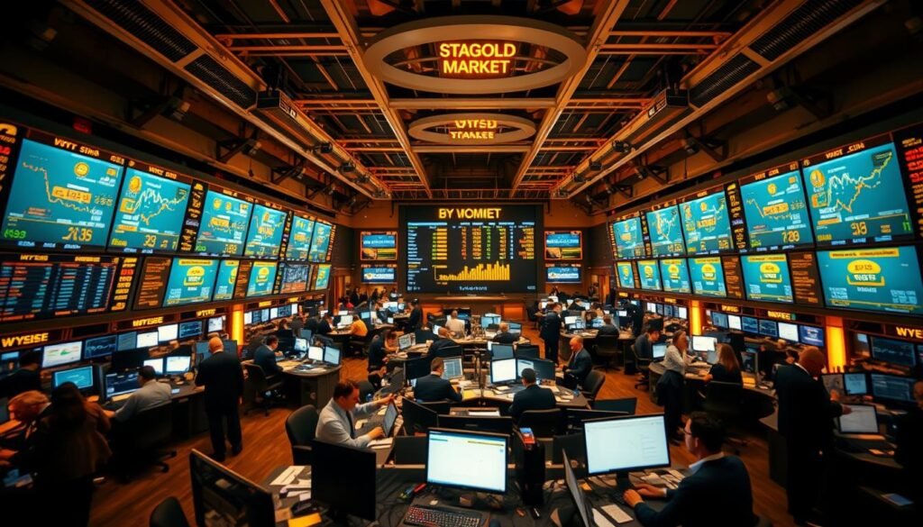 An expansive trading floor bustling with activity, illuminated by warm, golden lighting. Rows of monitors display live market data, as brokers and analysts scrutinize charts and engage in animated discussions. In the foreground, a central display board showcases the latest precious metal prices, reflecting the dynamic ebb and flow of the secondary gold market. Amid the hum of keyboards and the occasional sound of a ringing telephone, the atmosphere conveys a sense of urgency and opportunity, where fortunes are made and lost in the blink of an eye. The camera angle provides a bird's-eye view, capturing the scale and complexity of this financial ecosystem dedicated to the secondary trade of the world's most coveted precious commodity.