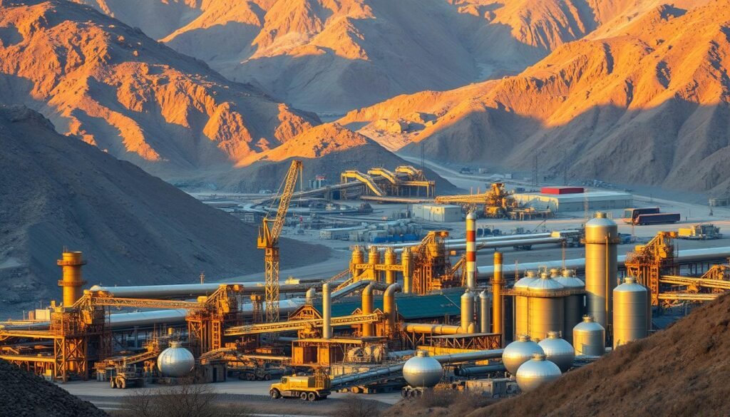 An industrial gold mining facility nestled in a rugged, mountainous landscape. In the foreground, gleaming machinery and heavy equipment stand ready to extract the precious metal. Towering cranes, conveyor belts, and refining structures dominate the middle ground, while in the background, a patchwork of mining shafts, tunnels, and processing plants dot the terrain. Warm, golden lighting casts a glow over the scene, evoking the richness and value of the industry. The overall composition conveys the scale, complexity, and technological sophistication of the modern gold mining enterprise. An industrial gold mining facility nestled in a rugged, mountainous landscape. In the foreground, gleaming machinery and heavy equipment stand ready to extract the precious metal. Towering cranes, conveyor belts, and refining structures dominate the middle ground, while in the background, a patchwork of mining shafts, tunnels, and processing plants dot the terrain. Warm, golden lighting casts a glow over the scene, evoking the richness and value of the industry. The overall composition conveys the scale, complexity, and technological sophistication of the modern gold mining enterprise.