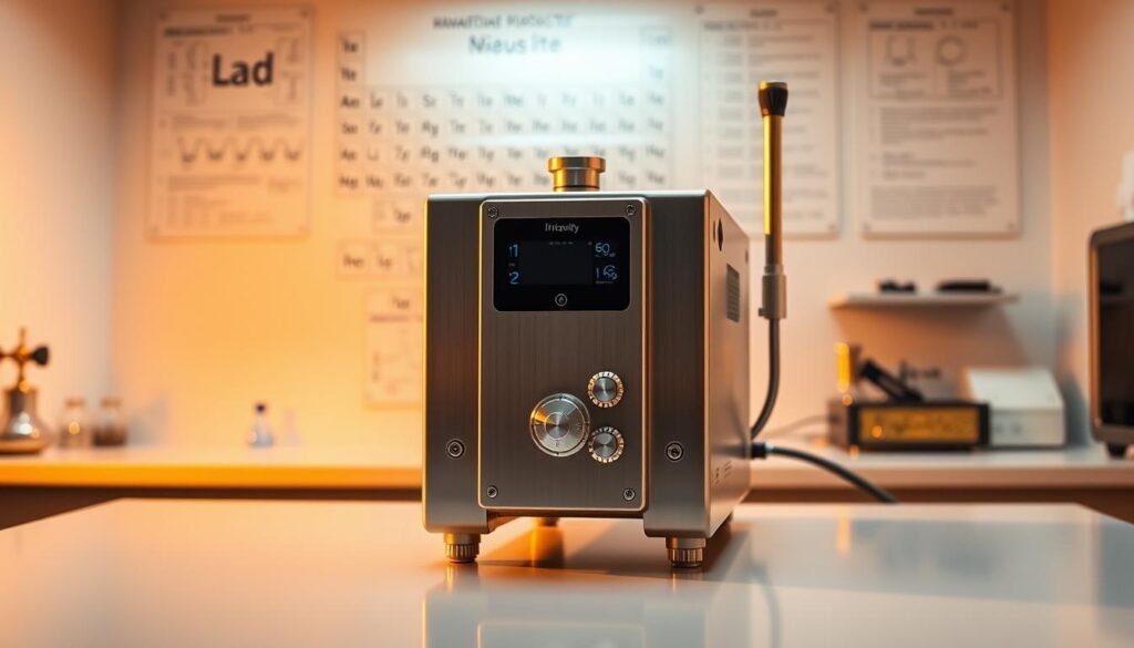 An intricate gold purity measurement apparatus, positioned on a sleek, minimalist laboratory desk. The device features a polished metal exterior, a digital display, and precision dials. The scene is bathed in warm, golden lighting, creating a serene, scientific atmosphere. In the background, a wall-mounted periodic table and scientific diagrams provide a contextual backdrop, hinting at the advanced nature of the gold refining process. The composition emphasizes the meticulous attention to detail and cutting-edge technology involved in determining the purity of this precious metal. An intricate gold purity measurement apparatus, positioned on a sleek, minimalist laboratory desk. The device features a polished metal exterior, a digital display, and precision dials. The scene is bathed in warm, golden lighting, creating a serene, scientific atmosphere. In the background, a wall-mounted periodic table and scientific diagrams provide a contextual backdrop, hinting at the advanced nature of the gold refining process. The composition emphasizes the meticulous attention to detail and cutting-edge technology involved in determining the purity of this precious metal.