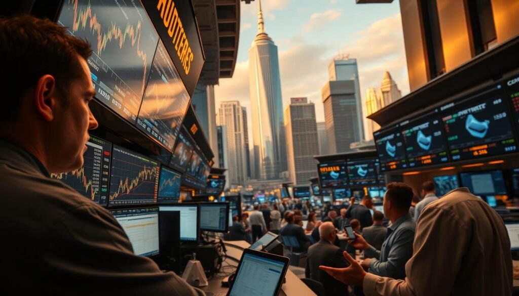 An intricate scene of the gold futures trading process, captured in high-definition. In the foreground, a trader meticulously analyzes charts and data on multiple screens, their face illuminated by the glow of digital displays. The middle ground features a bustling trading floor, where brokers and analysts engage in lively discussions, gesturing toward price tickers and order books. In the background, a towering skyline of skyscrapers and glass-clad buildings, reflecting the dynamic nature of the global financial markets. Warm, golden lighting casts a sense of urgency and importance over the entire scene, conveying the gravity of the trading decisions being made.