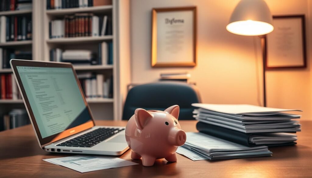 An office desk with a laptop, a piggy bank, and financial documents, illuminated by a warm, soft light from a nearby lamp. In the background, a bookshelf filled with textbooks and a framed diploma on the wall, suggesting an academic setting. The composition emphasizes the financial planning and saving aspect of college education, creating a contemplative and organized atmosphere. An office desk with a laptop, a piggy bank, and financial documents, illuminated by a warm, soft light from a nearby lamp. In the background, a bookshelf filled with textbooks and a framed diploma on the wall, suggesting an academic setting. The composition emphasizes the financial planning and saving aspect of college education, creating a contemplative and organized atmosphere.