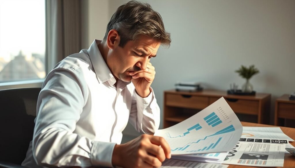 An office setting with an investor scrutinizing financial charts and graphs on a desk, their face etched with a pensive, troubled expression. Soft, natural lighting filters through the windows, casting subtle shadows that emphasize the weight of the decisions being made. The room is sparsely decorated, creating a sense of solitude and introspection. In the background, a blurred cityscape suggests the broader economic landscape that the investor's choices will impact. The overall mood is one of contemplation and the psychological tension inherent in navigating market downturns.
