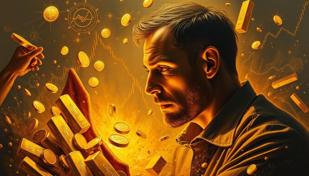 An oil painting of the inner psychology of the gold market, featuring a central figure of a gilded trader deep in contemplation, surrounded by a swirling maelstrom of golden coins, bullion bars, and abstract financial data visualizations. The figure is illuminated by warm, diffuse lighting, casting dramatic shadows that convey a sense of gravitas and introspection. The background is rendered in muted tones, with hints of glittering market activity visible in the periphery, creating a sense of the trader's focus amidst the broader complexity of the gold ecosystem. The overall mood is one of thoughtful immersion, as the viewer is drawn into the private world of the gold trader's decision-making process.