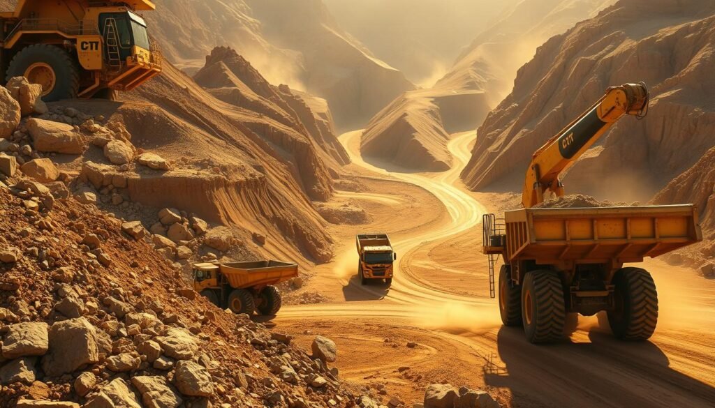 An open-pit gold mining operation, with massive excavators systematically removing layers of earth to expose the precious metal veins. The foreground depicts the scale of the machines, their massive buckets scooping up tons of rock and soil. In the middle ground, haul trucks with enormous tires transport the ore to processing facilities, their diesel engines rumbling. In the background, the rugged terrain is scarred by deep gashes, creating a dramatic, otherworldly landscape. Warm, golden sunlight filters through the dust, casting long shadows and highlighting the raw power of this industrial endeavor. The scene conveys the immense scope and impact of modern gold mining techniques. An open-pit gold mining operation, with massive excavators systematically removing layers of earth to expose the precious metal veins. The foreground depicts the scale of the machines, their massive buckets scooping up tons of rock and soil. In the middle ground, haul trucks with enormous tires transport the ore to processing facilities, their diesel engines rumbling. In the background, the rugged terrain is scarred by deep gashes, creating a dramatic, otherworldly landscape. Warm, golden sunlight filters through the dust, casting long shadows and highlighting the raw power of this industrial endeavor. The scene conveys the immense scope and impact of modern gold mining techniques.