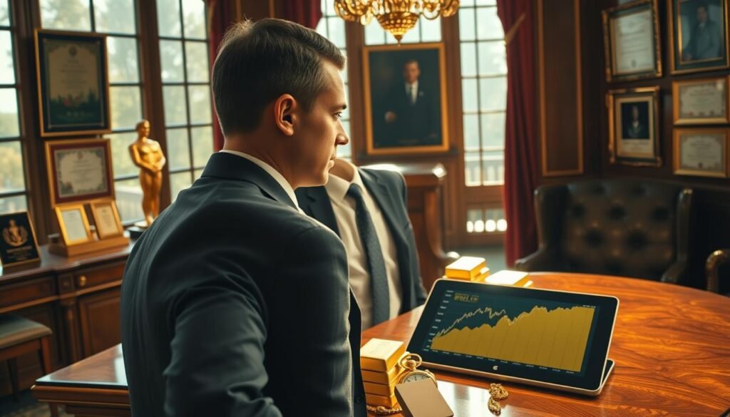 An opulent office setting, sunlight streaming through large windows, illuminating a polished mahogany desk adorned with a golden statuette. On the desk, a stack of gold bullion bars, a gleaming pocket watch, and a tablet displaying charts of rising gold prices. In the foreground, a well-dressed businessperson gazes contemplatively at the symbols of their financial success. The walls are lined with framed certificates and awards, hinting at a history of savvy gold investments. A sense of wealth, power, and the enduring value of gold pervades the scene. An opulent office setting, sunlight streaming through large windows, illuminating a polished mahogany desk adorned with a golden statuette. On the desk, a stack of gold bullion bars, a gleaming pocket watch, and a tablet displaying charts of rising gold prices. In the foreground, a well-dressed businessperson gazes contemplatively at the symbols of their financial success. The walls are lined with framed certificates and awards, hinting at a history of savvy gold investments. A sense of wealth, power, and the enduring value of gold pervades the scene.