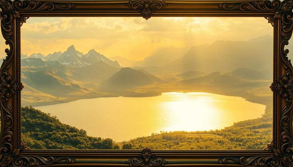 An ornate, gilded vintage frame encloses a mesmerizing landscape. In the foreground, a majestic, sun-drenched mountain range rises majestically, their peaks adorned with a shimmering, metallic sheen. In the middle ground, a tranquil lake reflects the golden glow, its surface rippling with a hypnotic, hypnotic pattern. The background is a panoramic vista of a verdant, lush valley, its rolling hills blanketed in a shimmering, golden hue. Warm, diffused lighting bathes the scene, casting a sense of timeless, enchanting allure. The overall composition evokes a timeless, captivating atmosphere, evoking the historical allure and enduring fascination of gold.