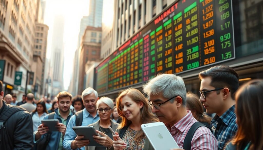 An urban street scene, with a diverse group of individuals gathered around a stock market ticker display. In the foreground, a mix of young professionals, retirees, and millennials intently studying the scrolling data, their faces a blend of focus and excitement. In the middle ground, tablet devices and smartphones are held up, their screens reflecting the real-time market information. The background is a bustling cityscape, with skyscrapers and pedestrians creating a sense of energy and dynamism. Soft, warm lighting casts a golden glow over the scene, highlighting the determination and enthusiasm of the retail investors as they navigate the complexities of the financial markets.