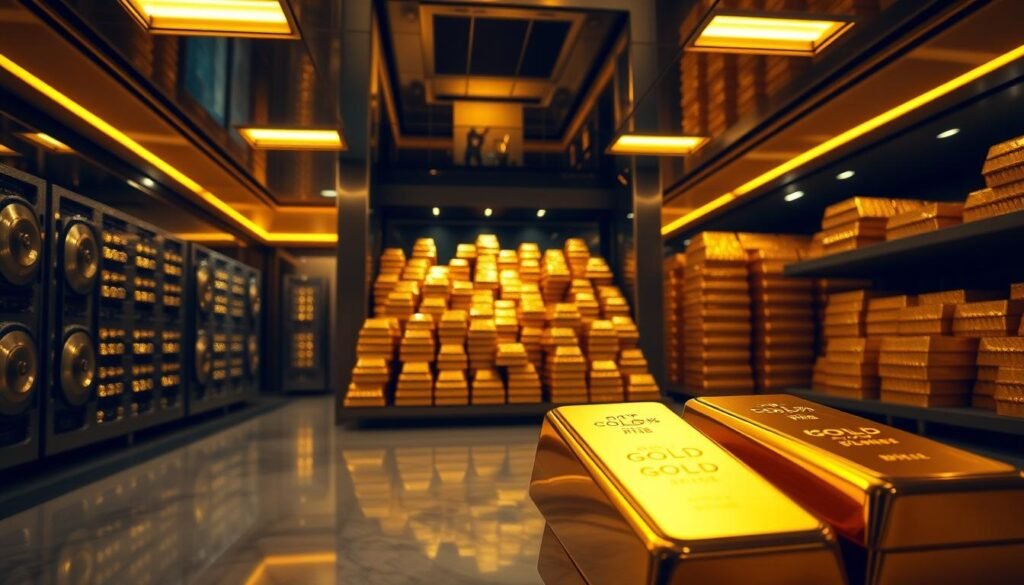 Central bank vaults filled with stacks of glittering gold bars, dimly lit by warm overhead lighting. A sleek, modern interior with clean lines and polished marble floors, evoking a sense of financial stability and strength. In the foreground, a few gold bars are placed prominently, their surfaces reflecting the soft light. The middle ground showcases the vast array of gold reserves, neatly organized in towering piles. The background fades into shadow, suggesting the depth and scale of the central bank's holdings. The overall atmosphere is one of authority, wealth, and the enduring value of gold as a strategic reserve asset. Central bank vaults filled with stacks of glittering gold bars, dimly lit by warm overhead lighting. A sleek, modern interior with clean lines and polished marble floors, evoking a sense of financial stability and strength. In the foreground, a few gold bars are placed prominently, their surfaces reflecting the soft light. The middle ground showcases the vast array of gold reserves, neatly organized in towering piles. The background fades into shadow, suggesting the depth and scale of the central bank's holdings. The overall atmosphere is one of authority, wealth, and the enduring value of gold as a strategic reserve asset.