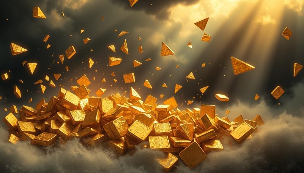 Chaotic gold market trends, a stormy financial landscape. Jagged gold bullion fragments scatter across a turbulent background, casting erratic shadows. Dramatic lighting illuminates the volatility, with beams of light piercing through a cloudy, uncertain atmosphere. Shards of gold glint and reflect, hinting at the unpredictable nature of the precious metal's valuation. Swirling economic forces churn beneath the surface, creating an ever-shifting, precarious market. A sense of unease and instability pervades the scene, capturing the essence of the gold market's volatile tendencies.