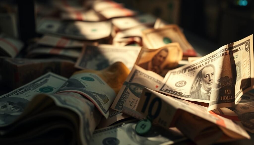 Detailed close-up view of currency exchange desk, showcasing various global currencies in motion, conveying the concept of a shifting monetary landscape. Dramatic diagonal lighting illuminates the currencies, casting dramatic shadows and highlighting the textural nuances of the bills. The scene has a sense of flux and dynamism, reflecting the theme of de-dollarization. The overall composition emphasizes the idea of a transition in the international financial order, with the currencies occupying the foreground and middle ground, set against a subtly blurred background to maintain the focus on the central subject matter.