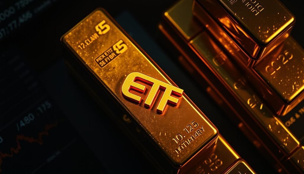 Dramatic overhead shot of a stack of gold bars, their reflective surfaces glinting in a dramatic chiaroscuro lighting. In the foreground, a gold-colored ETF ticker symbol hovers, its value fluctuating against a backdrop of stock market data charts. The scene conveys a sense of financial power and leverage, the gold bars representing the underlying asset, the ETF the investment vehicle amplifying its gains and losses. The composition is balanced, the lighting sculpting the forms to emphasize the contrasts between the solid, weighty gold and the ephemeral, digital nature of the ETF. An atmosphere of tension and potential reward permeates the image. Dramatic overhead shot of a stack of gold bars, their reflective surfaces glinting in a dramatic chiaroscuro lighting. In the foreground, a gold-colored ETF ticker symbol hovers, its value fluctuating against a backdrop of stock market data charts. The scene conveys a sense of financial power and leverage, the gold bars representing the underlying asset, the ETF the investment vehicle amplifying its gains and losses. The composition is balanced, the lighting sculpting the forms to emphasize the contrasts between the solid, weighty gold and the ephemeral, digital nature of the ETF. An atmosphere of tension and potential reward permeates the image.