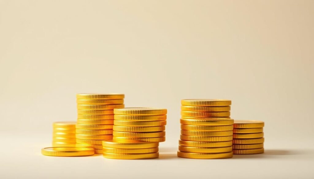 Stacks of gleaming gold bullion coins, meticulously arranged in a well-lit studio setting. The coins are a vibrant, reflective yellow, their surfaces unmarked and pristine. The lighting is soft and directional, creating subtle shadows that accentuate the coins' contours and highlights their luxurious, weighty presence. The background is a neutral, minimalist backdrop that allows the coins to take center stage, their hue and texture commanding the viewer's attention. The composition is clean and symmetrical, with the coins positioned in an orderly, aesthetically pleasing manner. The overall mood is one of opulence, solidity, and timeless value.